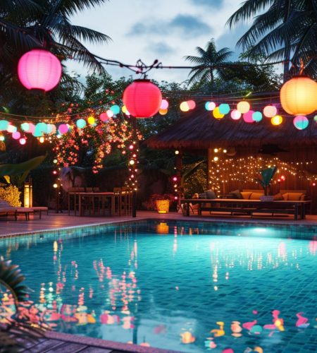 A festive pool area adorned with colorful decorations, string lights, and a dance floor